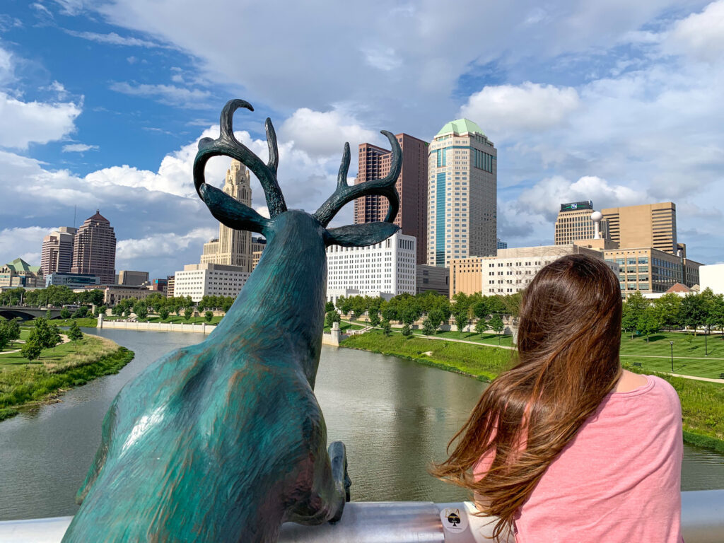 This is a picture of the deer statue on the Scioto River in downtown Columbus, Ohio.