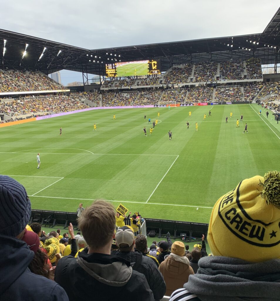 This is a picture of Columbus Crew soccer team playing at the new stadium in Columbus Ohio.