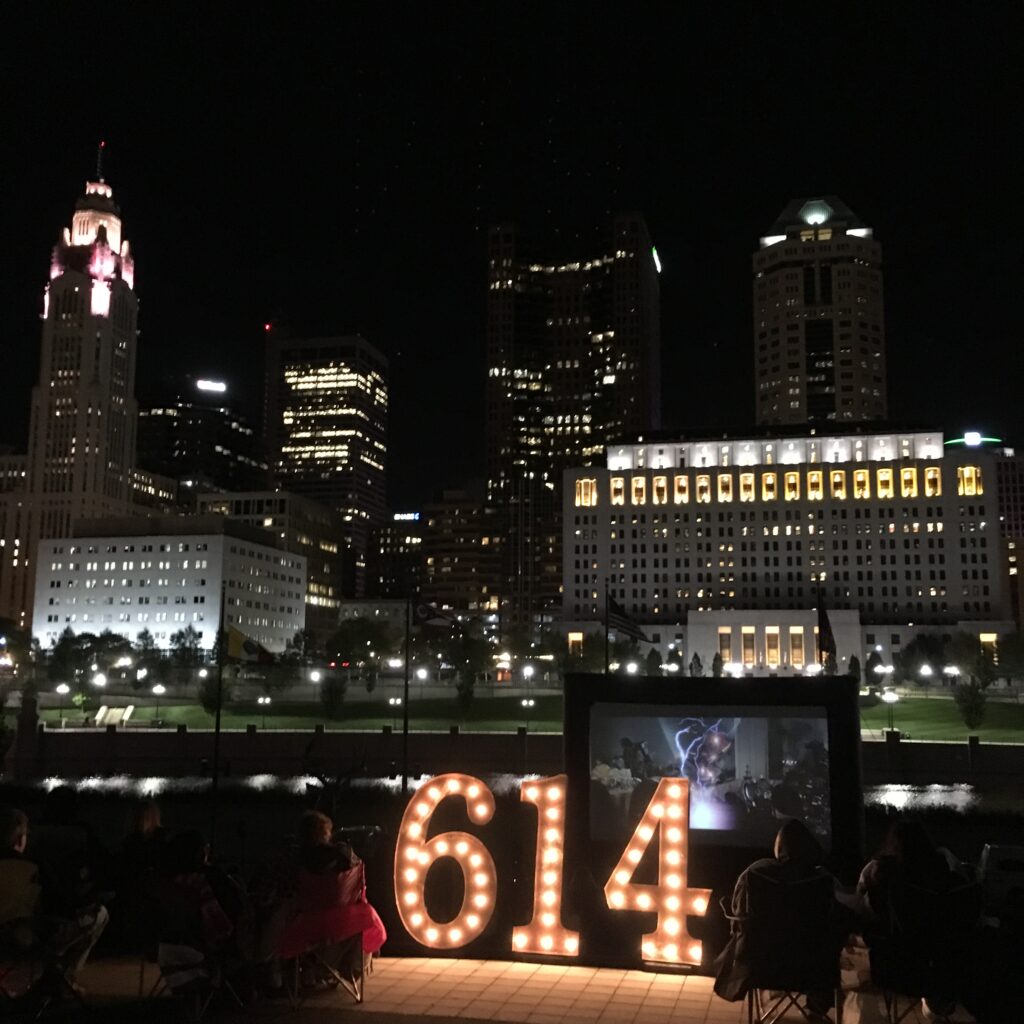 This is a picture of Nightlight 614 outdoor movie series in Downtown Columbus Ohio.