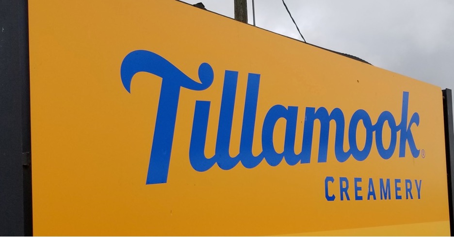 Yellow and blue sign at Tillamook Creamery in Oregon.